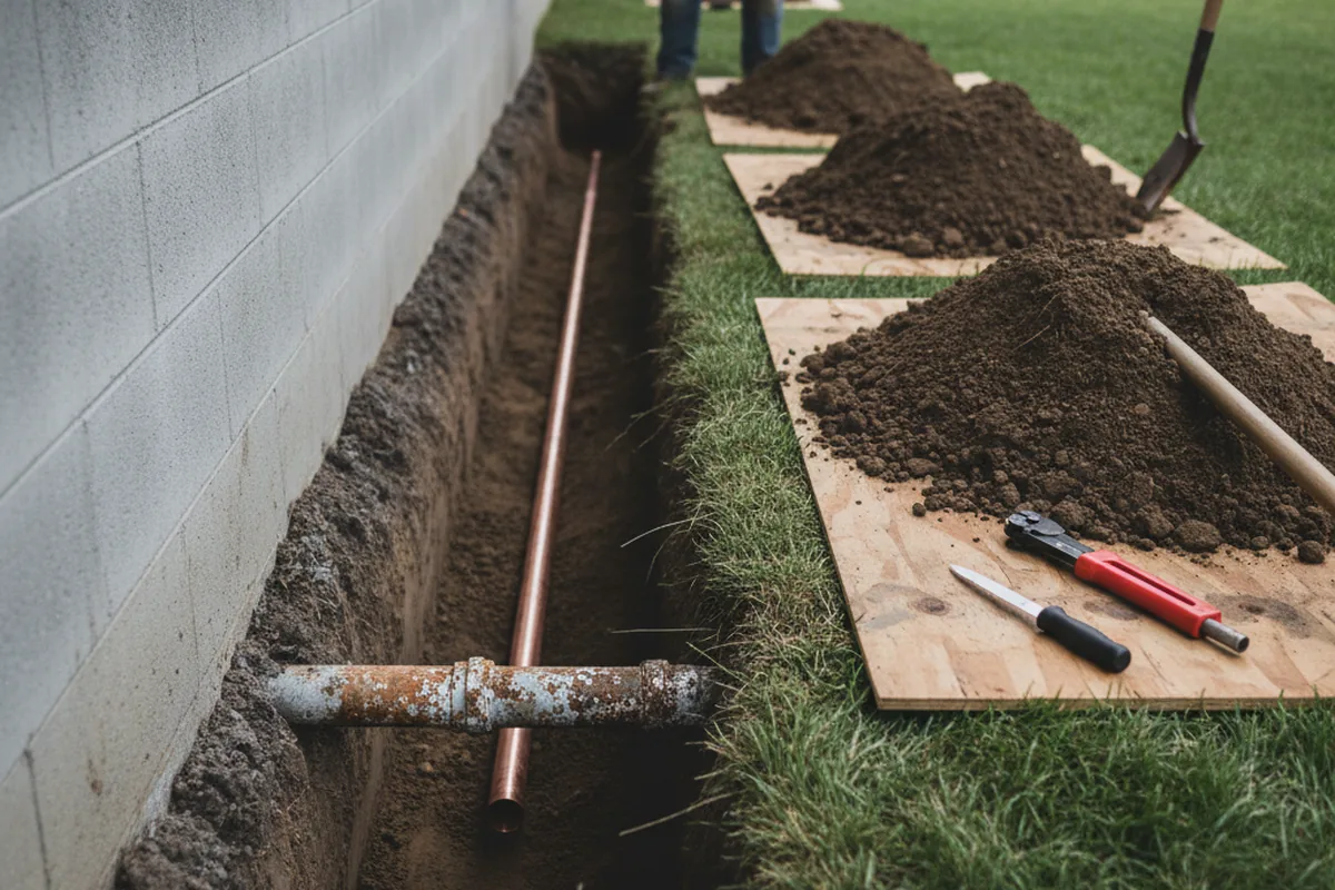 Excavated water line trench during Sewer Line Repair in River Forest